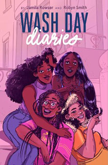 Illustration of four women with various hairstyles smiling and posing together under the title "Wash Day Diaries".