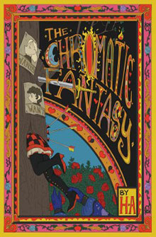 A colorful book cover titled "The Chromatic Fantasy" by Ha, with a jester leaning against a tree and posters on it.
