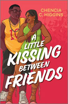 A couple stands closely, smiling on the cover of "A Little Kissing Between Friends" by Chencia C. Higgins.