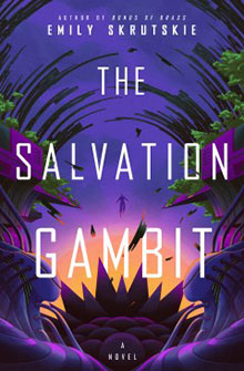 Book cover of "The Salvation Gambit" by Emily Skrutskie, featuring a futuristic purple and green abstract design.