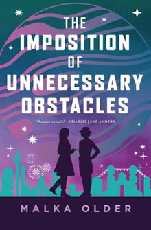 Book cover of "The Imposition of Unnecessary Obstacles" by Malka Older, featuring two silhouetted figures and city skyline.