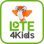 Cartoon orange bird above green text “LOTE 4 Kids” with a play button inside the “O”.