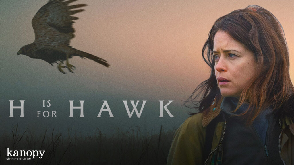 A woman looks to the side as a hawk flies nearby; text reads “H is for Hawk.”.