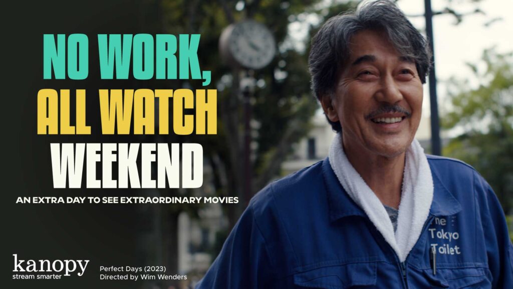 Smiling man in blue jumpsuit outdoors; bold text reads “NO WORK, ALL WATCH WEEKEND” beside him.