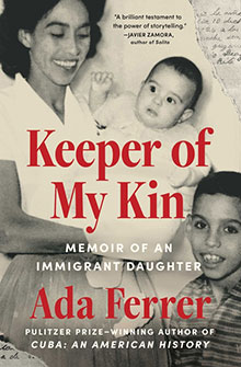 Book cover for “Keeper of My Kin” shows a woman, child, and boy in black and white, with red and white text.