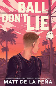 A teenage boy with a backpack stands in front of a basketball hoop and fence, beneath a sky filled with pink and orange hues.