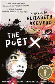 The Poet X" book cover featuring a woman’s face overlayed with colorful graffiti and poetic phrases.