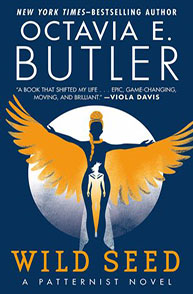 Cover of Wild Seed by Octavia E. Butler featuring a figure with outstretched wings against a circular white background.