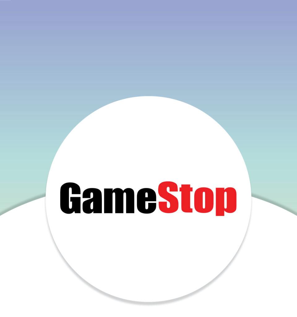 GameStop logo in a white circle on a gradient blue-green background.