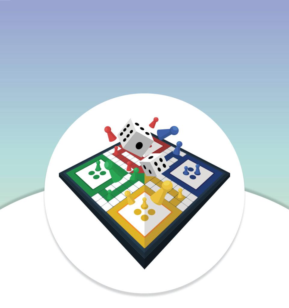 A Ludo board with colored pieces and two dice, set against a gradient blue-green background.