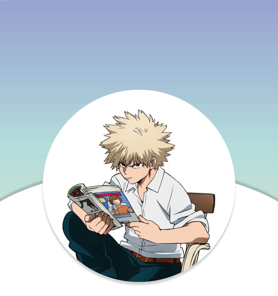 Anime character with spiky blond hair reading a magazine while sitting on a chair, against a gradient background.