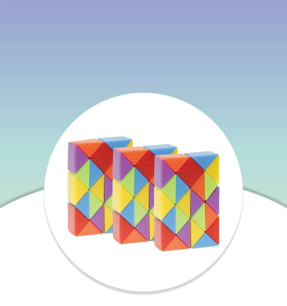 Three colorful geometric puzzle cubes on a white circular background with a blue-green gradient backdrop.