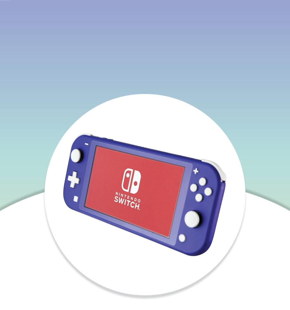 A blue Nintendo Switch Lite displaying the Nintendo Switch logo on its screen, on a gradient background.