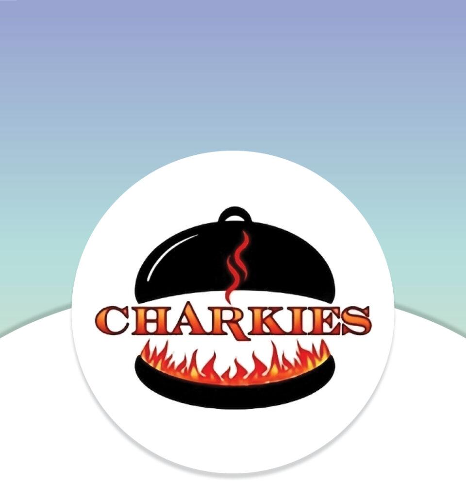 Logo with the word "CHARKIES," fire underneath, and a black cloche lid with a heat swirl above.