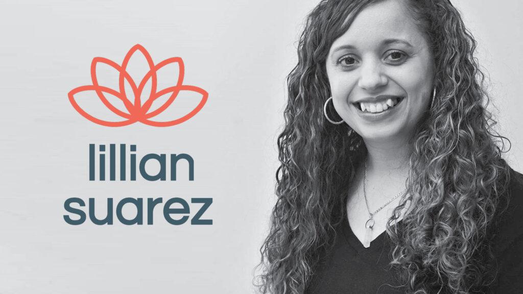 Smiling woman with long curly hair next to "lillian suarez" text and a red lotus flower logo.