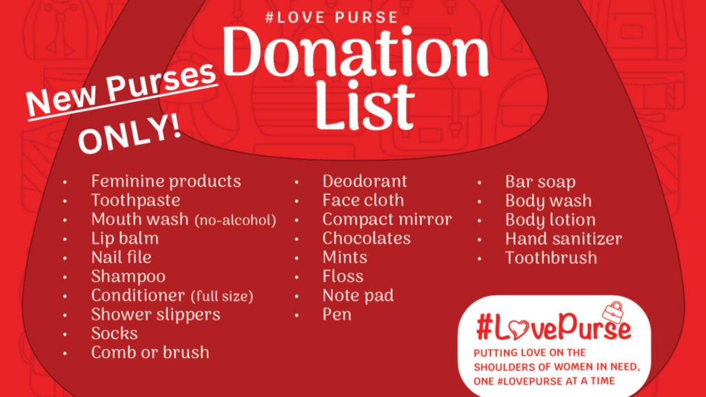 Donation list on a red background including hygiene items, bar soap, body wash, and note pad. Text: #LovePurse.