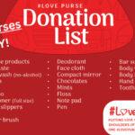 Donation list on a red background including hygiene items, bar soap, body wash, and note pad. Text: #LovePurse.