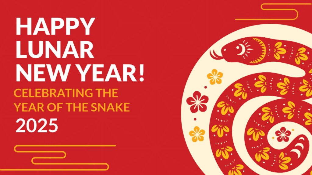 Lunar New Year 2025 card featuring a decorative snake on a red background.