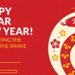 Lunar New Year 2025 card featuring a decorative snake on a red background.