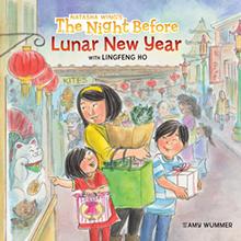 Illustration of a family shopping for Lunar New Year. Colorful decorations and lanterns fill the street.