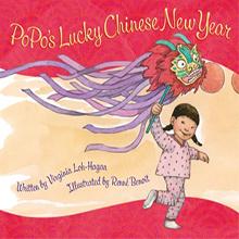 Cover of "PoPo's Lucky Chinese New Year" showing a child holding a dragon mask.