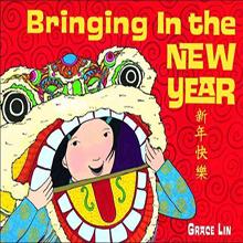 Illustrated cover of "Bringing In the New Year" depicting a child in a dragon costume on a red background.