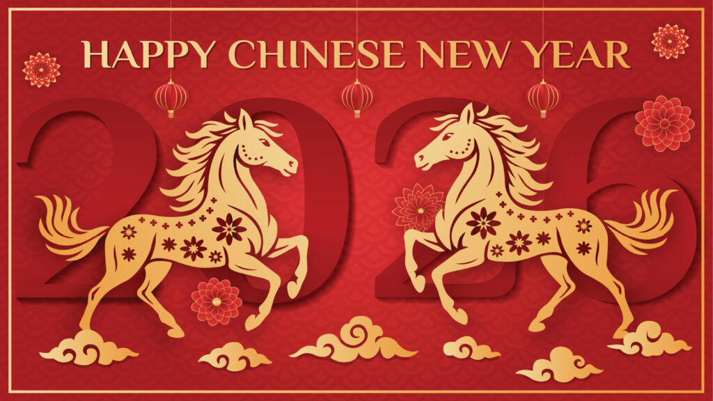 Red and gold Chinese New Year 2026 banner with two decorative horses, lanterns, and floral designs.