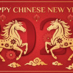 Red and gold Chinese New Year 2026 banner with two decorative horses, lanterns, and floral designs.
