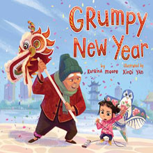 An elder and a child celebrate with a dragon puppet and kite under the title "Grumpy New Year.