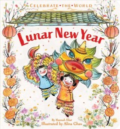 Children celebrating Lunar New Year with a dragon costume, lanterns, and traditional decorations. Book cover illustration.