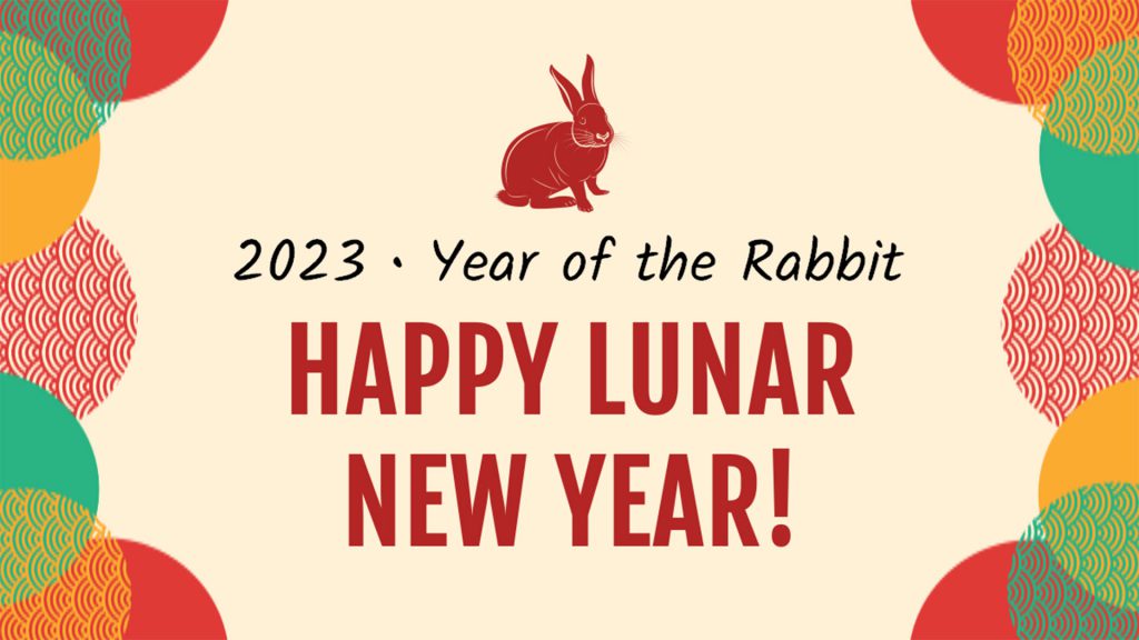 2023 Year of the Rabbit. Happy Lunar New Year! Colorful crescents frame the text and rabbit illustration.