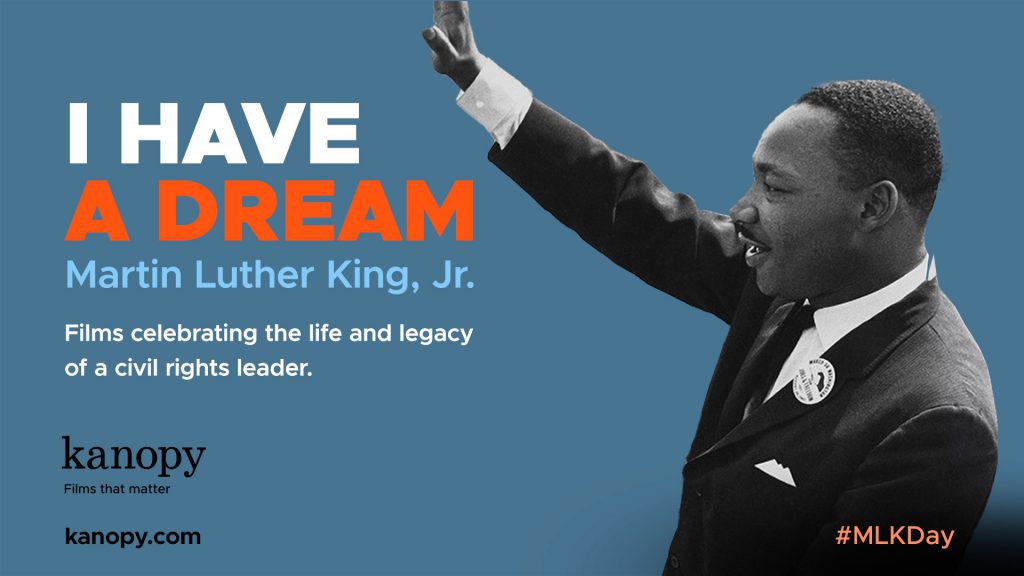 Image of Martin Luther King Jr. raising his arm, promoting films about his life and legacy with text "I Have a Dream". #MLKDay.