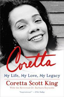 Black-and-white book cover of "Coretta: My Life, My Love, My Legacy" with a portrait of a smiling woman.