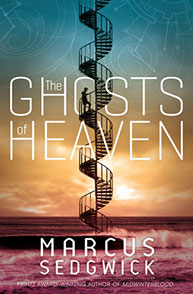 Book cover of "The Ghosts of Heaven" by Marcus Sedgwick featuring a spiral staircase against a sunset background.