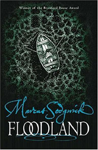 Book cover of "Floodland" by Marcus Sedgwick, showing a lone boat on dark, swirling water.