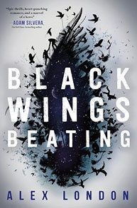 Black Wings Beating" book cover with birds in flight forming a wing shape on a blue and white background.