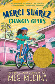 Cover of "Merci Suárez Changes Gears" by Meg Medina, featuring a girl riding a blue bike in a sunny, colorful neighborhood.