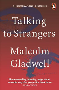 Book cover: "Talking to Strangers" by Malcolm Gladwell, red background with blue shapes and text praising the book.