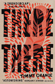 Book cover of "There There" by Tommy Orange featuring black text over a red and orange feather design.