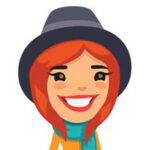 Illustration of a smiling woman with red hair, wearing a dark hat, blue scarf, and orange coat.