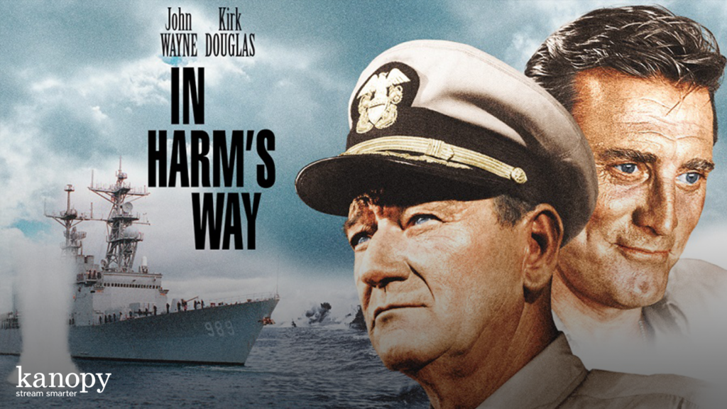 Two men in naval uniforms with a warship at sea and the text "In Harm's Way" with actors’ names above.