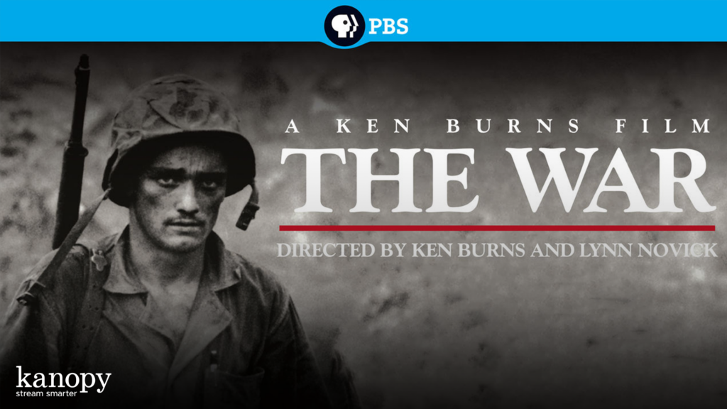 A WWII soldier in uniform with "THE WAR" film title and PBS and Kanopy logos on a black-and-white poster.