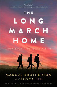 Book cover of "The Long March Home" featuring three soldiers silhouetted against a sunset sky.
