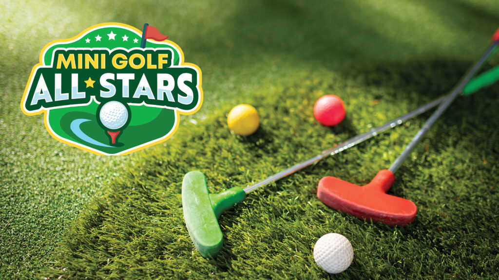 Mini golf clubs and colored balls on turf, with a "Mini Golf All Stars" logo on the left side.