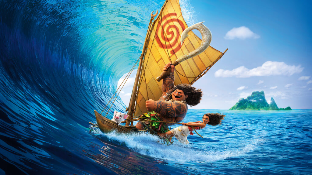Moana, Maui, and a pig sail on a small raft riding a huge wave with a lush island in the background.