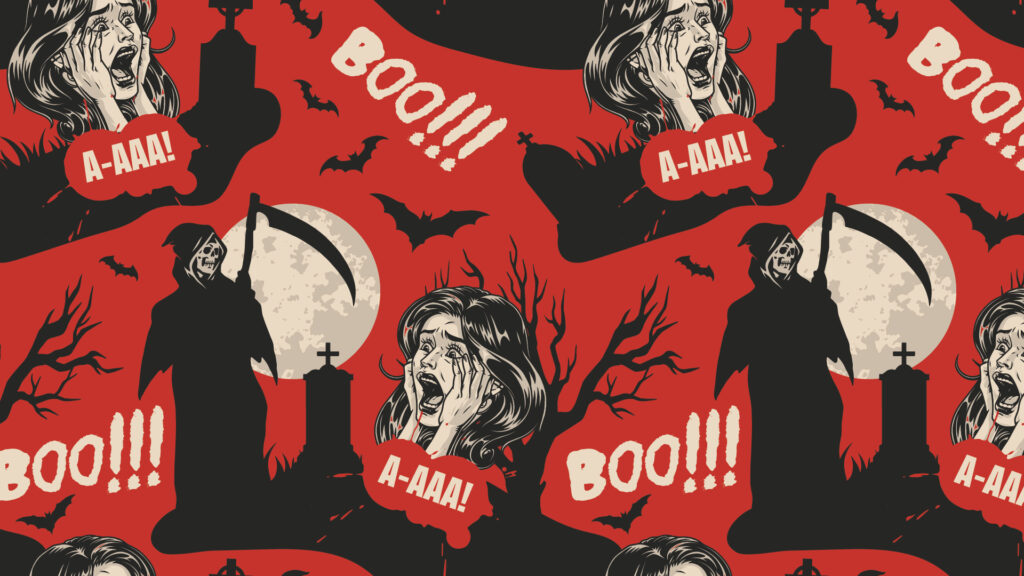 Halloween pattern with screaming woman, Grim Reaper, bats, "BOO!!!" text, and full moon on red background.