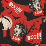 Halloween pattern with screaming woman, Grim Reaper, bats, "BOO!!!" text, and full moon on red background.