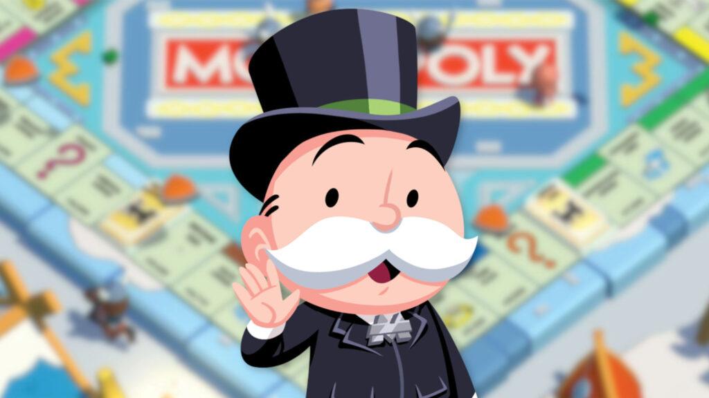 Cartoon Monopoly mascot with a top hat and mustache waves in front of a Monopoly board game.