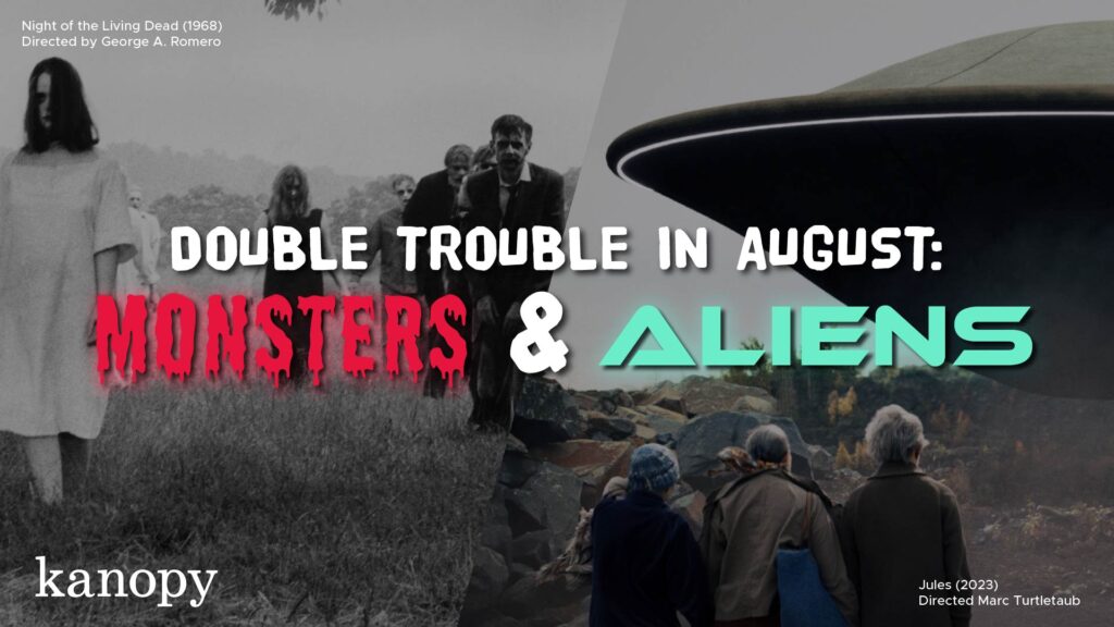 Split image showing zombies on the left and a UFO with people on the right, with text about "Monsters & Aliens.