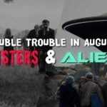 Split image showing zombies on the left and a UFO with people on the right, with text about "Monsters & Aliens.
